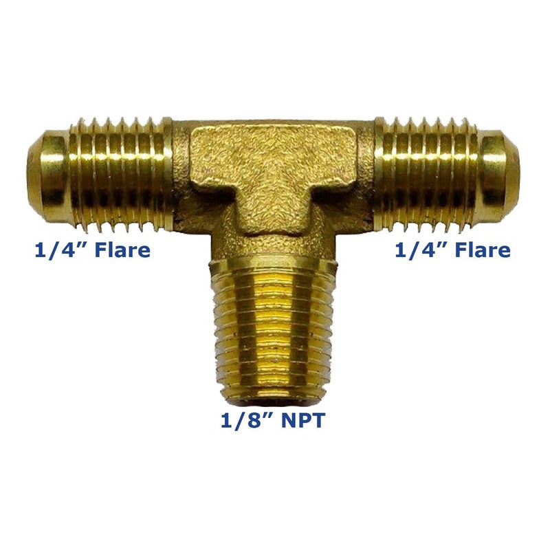Conector en Tee, fabricado en latón de 1/8" NPT al Centro X 1/4" Flare