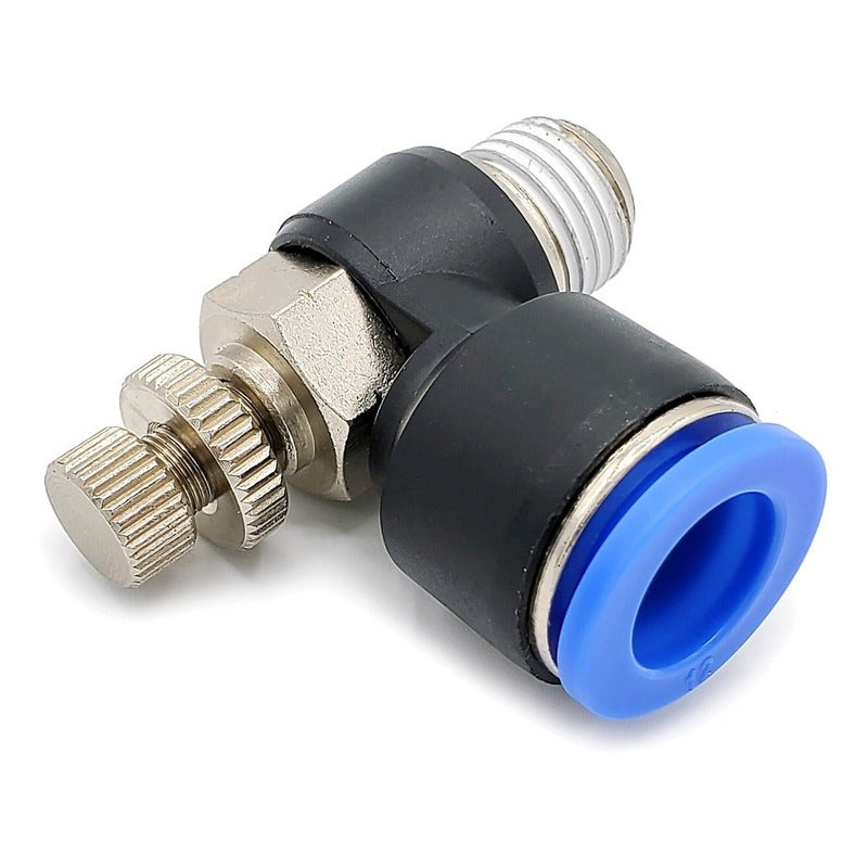 Conector / Regulador De Caudal Neumático Codo 1/4 Npt X 12mm