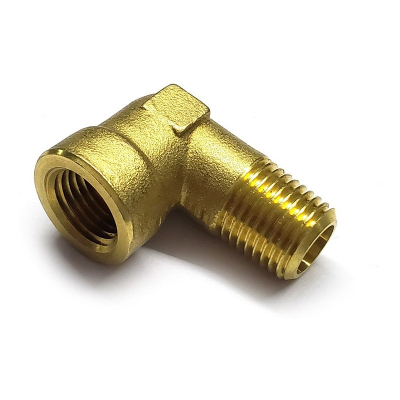 Conector en codo 90 hembra - macho, fabricado en latón (dorado) de 1/4" NPT x 1/4" NPT (M)