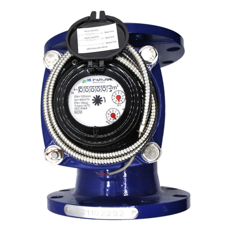 Medidor de agua tipo turbina, cuerpo de hierro fundido con registro hermético y transmisión magnética. Extremos en 3", bridas ANSI.
