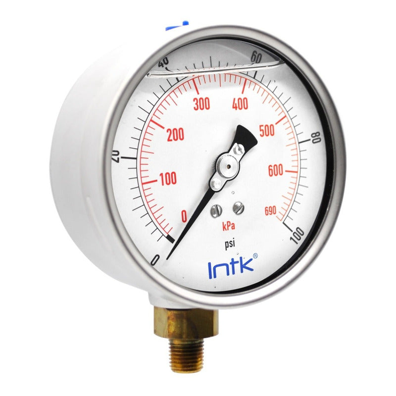 4” Liquid filled (O.E.M.), pressure gauge, 1/4” NPT, bottom connection, 0 to 100 psi-kPa