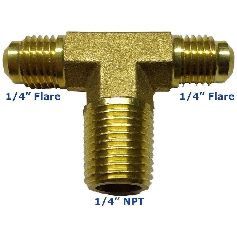 Conector en Tee, fabricado en latón de 1/4" NPT al Centro X 1/4" Flare