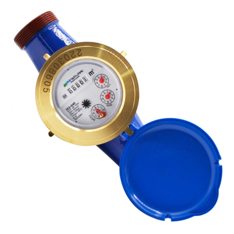 Medidor de agua tipo chorro múltiple, cuerpo de hierro, extremos roscados de 1 1/2", incluye los conectores de latón