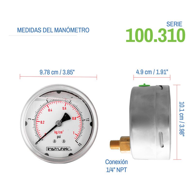 Manómetro 4", lleno de líquido (O.E.M.), 1/4" NPT, posterior, 15 psi-kg/cm2