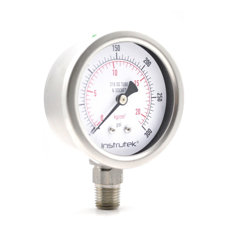 Stainless steel Glycerin pressure gauge 2.5 PLG, 0 to 300 Psi, 1/4 connection