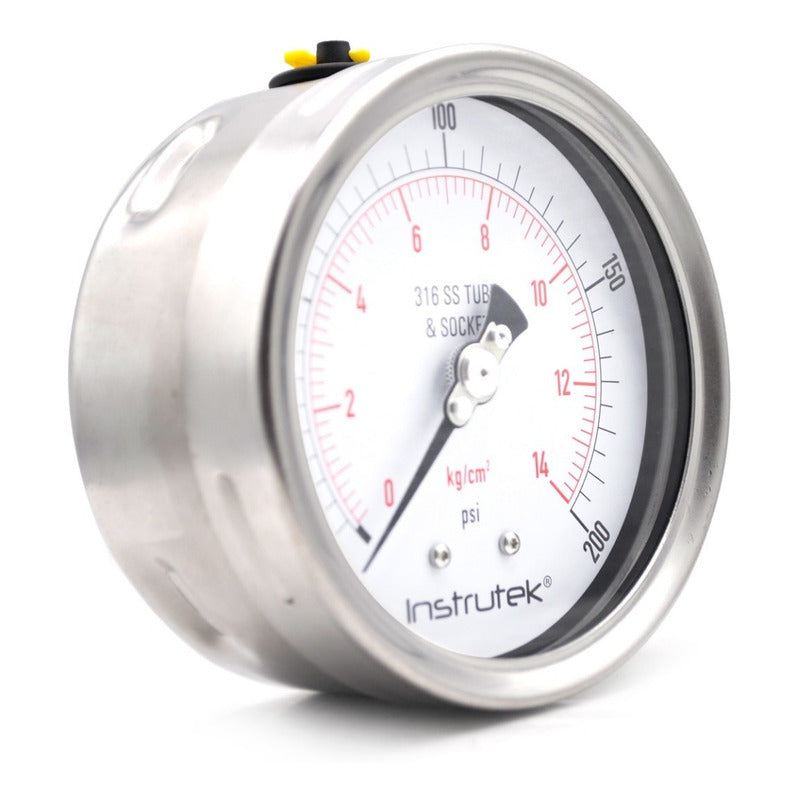 Manómetro 4", acero inoxidable, 1/2" NPT, posterior, 200 psi-kg/cm2
