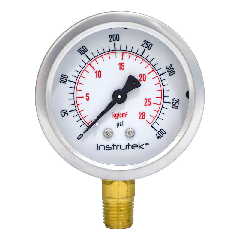 Manómetro 2.5", lleno de líquido premium, 1/4" NPT, inferior, 400 psi-kg/cm2