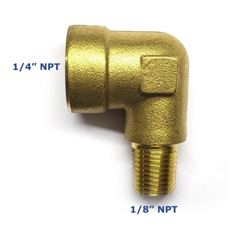 Conector en codo 90 hembra - macho, fabricado en latón (dorado) de 1/4" NPT x 1/8" NPT (M)