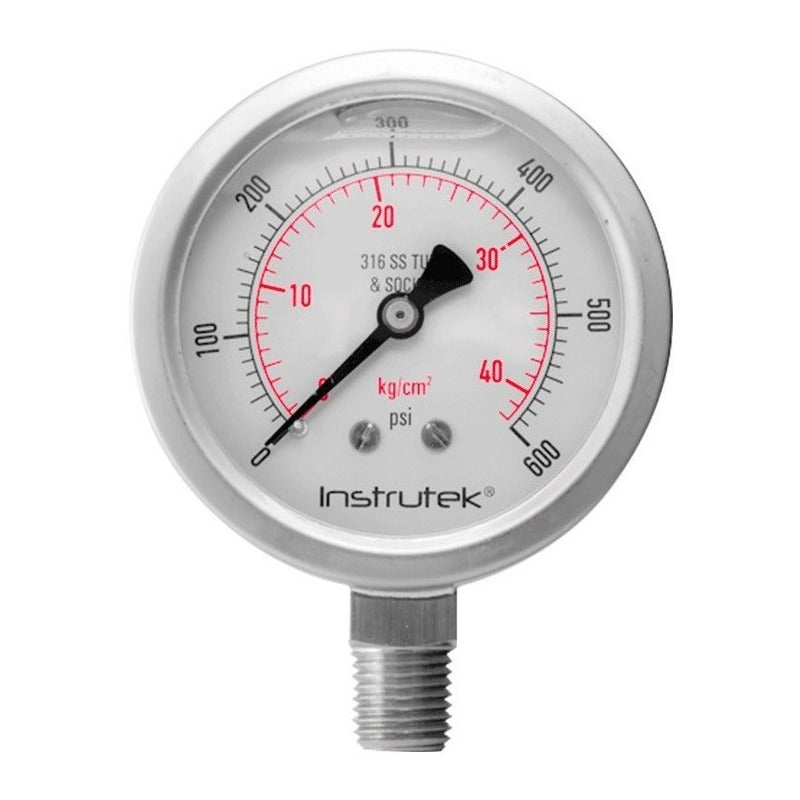 Manómetro 2.5", acero inoxidable, 1/4" NPT, inferior, 600 psi-kg/cm2