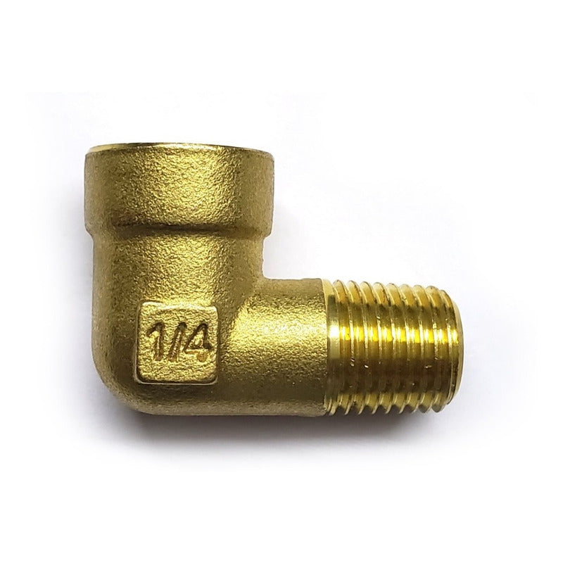 Conector en codo 90 hembra - macho, fabricado en latón (dorado) de 1/4" NPT x 1/4" NPT (M)