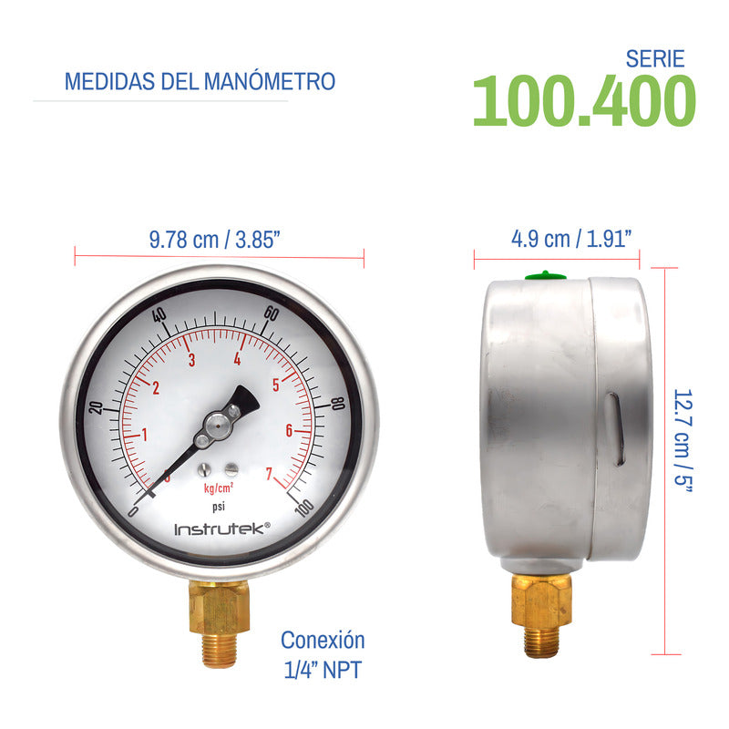 Manómetro 4", lleno de líquido premium, 1/4" NPT, inferior, 100 psi-kg/cm2