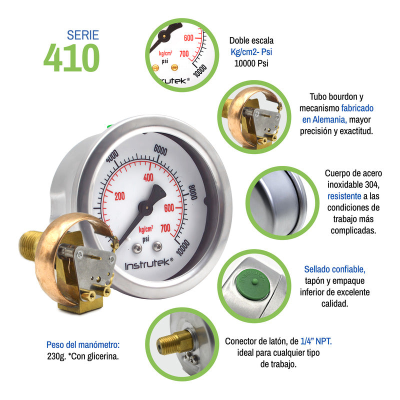 Manómetro Premium Inox Glicerina 2.5 Plg, 10000 Psi