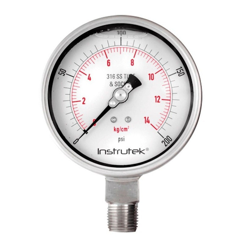 Manómetro 4", acero inoxidable, 1/2" NPT, inferior, 200 psi-kg/cm2