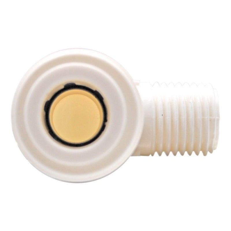 Conector en codo, rosca 1/4" NPT y salida a manguera de 3/8" (agua).