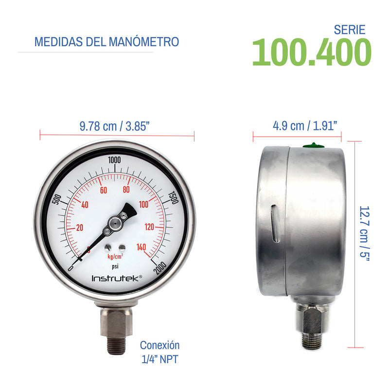 Manómetro 4", lleno de líquido premium, 1/4" NPT, inferior, 2000 psi-kg/cm2