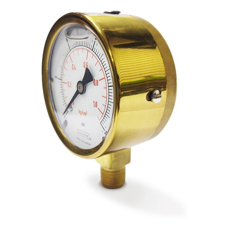Manómetro 2.5", cuerpo de bronce, 1/4" NPT, inferior, 15 psi