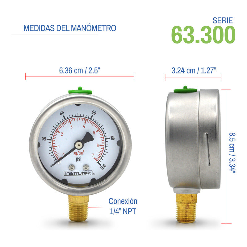 Manómetro 2.5", lleno de líquido (O.E.M.), 1/4" NPT, inferior, 100 psi-kg/cm2