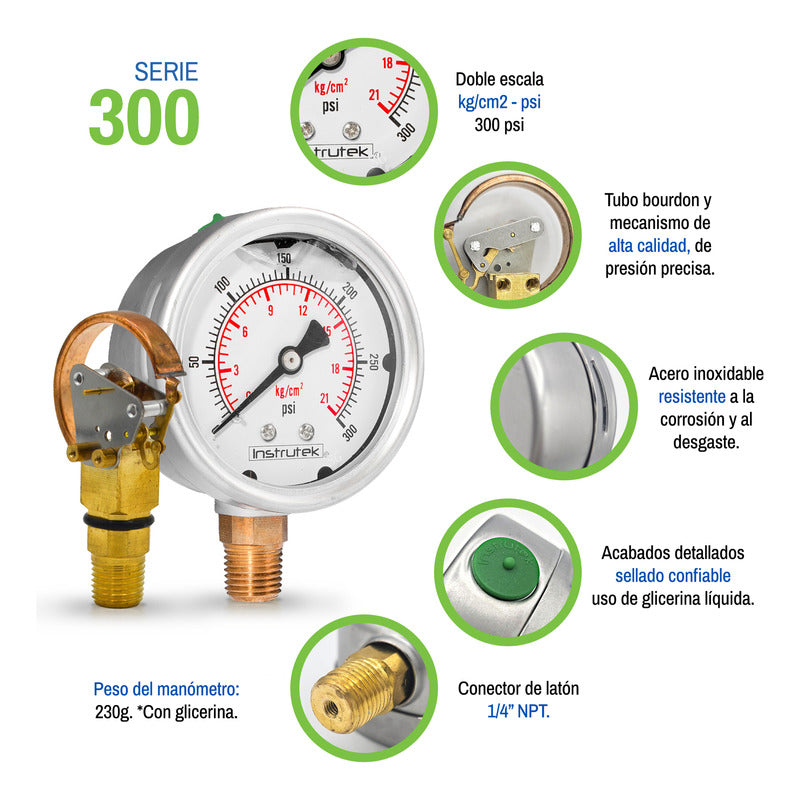 Stainless Steel Glycerin Pressure Gauge 2.5 IN, 300 Psi (air, water)