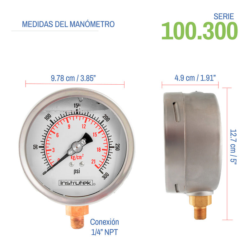 Stainless Steel Glycerin Pressure Gauge 4 IN, 300 Psi (Air, Water)