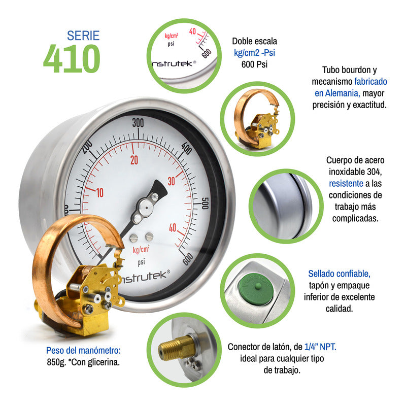Manómetro 4", lleno de líquido premium, 1/4" NPT, posterior, 600 psi-kg/cm2