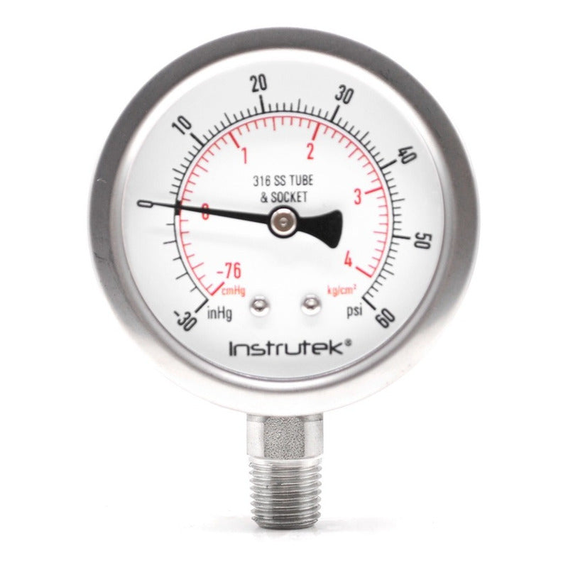 Manovacuómetro 2.5", acero inoxidable, 1/4" NPT, inferior, 30 Vac inHg-cmHg, 60 psi-kg/cm2