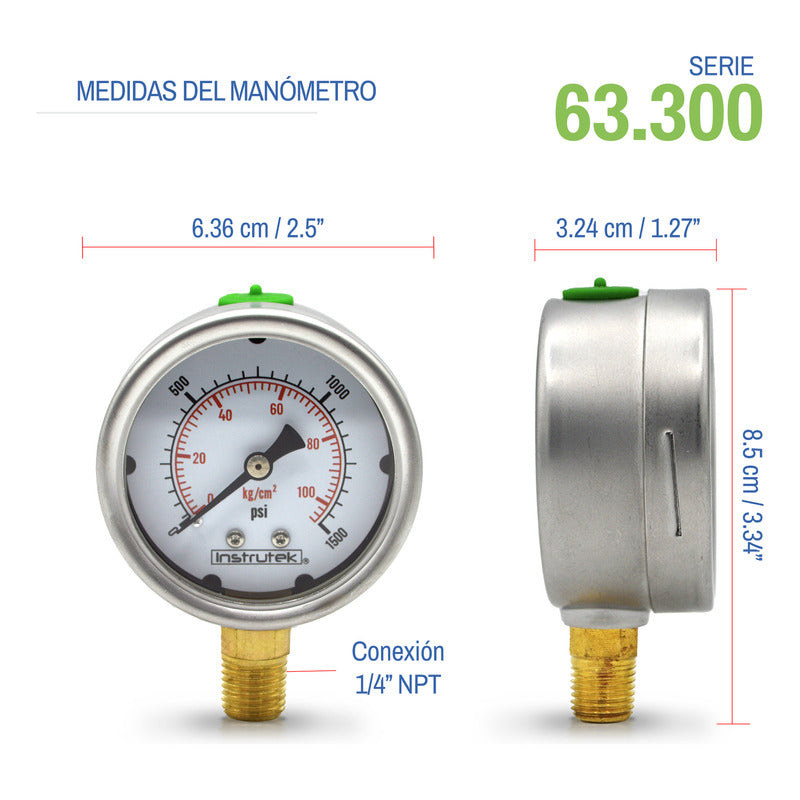 Manómetro 2.5", lleno de líquido (O.E.M.), 1/4" NPT, inferior, 1500 psi-kg/cm2