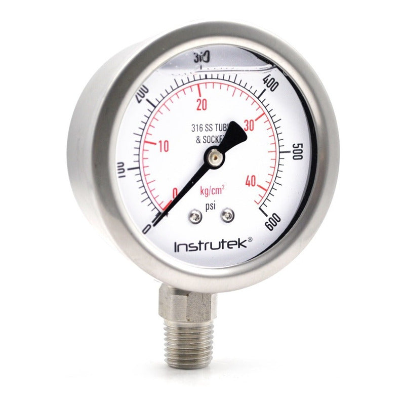 Manómetro 2.5", acero inoxidable, 1/4" NPT, inferior, 600 psi-kg/cm2