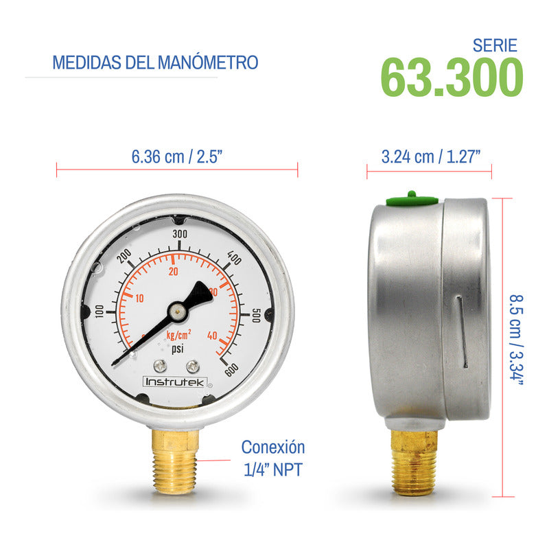 Stainless Steel Glycerin Pressure Gauge 2.5 IN, 600 Psi (air, water)