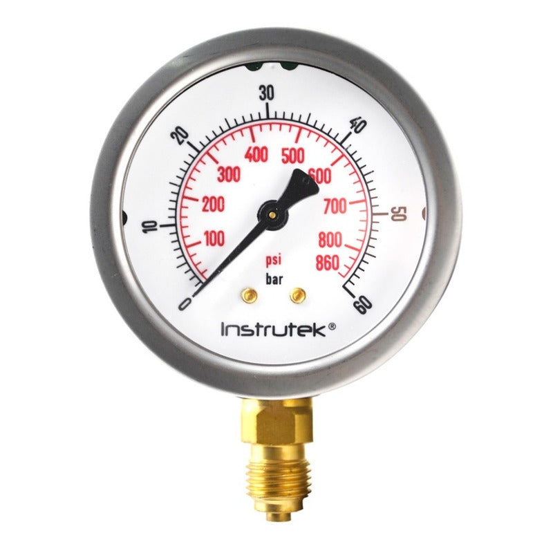 Manómetro 2.5", lleno de líquido premium, 1/4" BSPP, inferior, 60 bar-psi