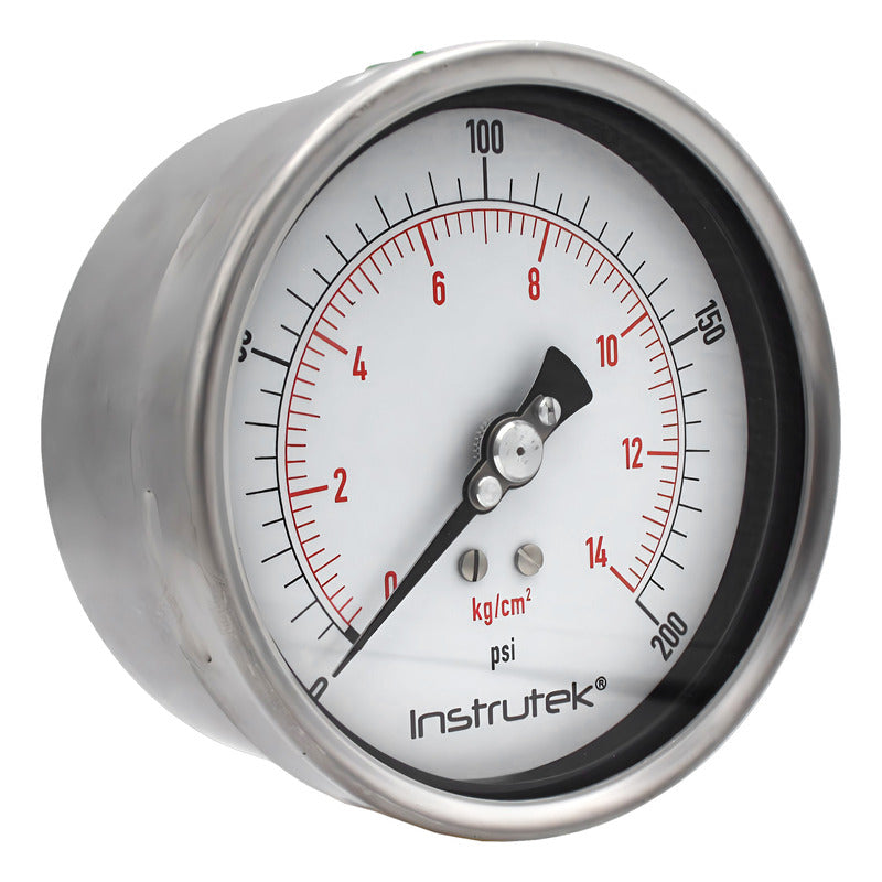 Manómetro 4", lleno de líquido premium, 1/4" NPT, posterior, 200 psi-kg/cm2
