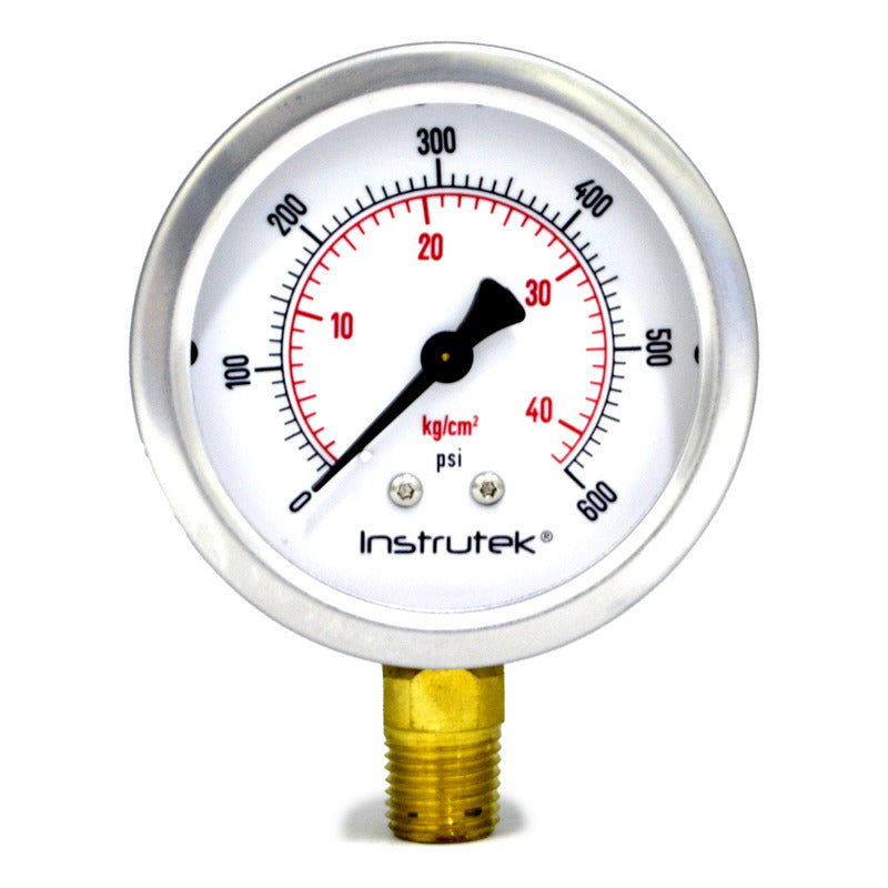 Manómetro 2.5", lleno de líquido premium, 1/4" NPT, inferior, 600 psi-kg/cm2