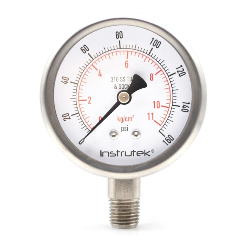Stainless steel Glycerin pressure gauge 2.5 PLG, 0 to 160 Psi, 1/4 connection