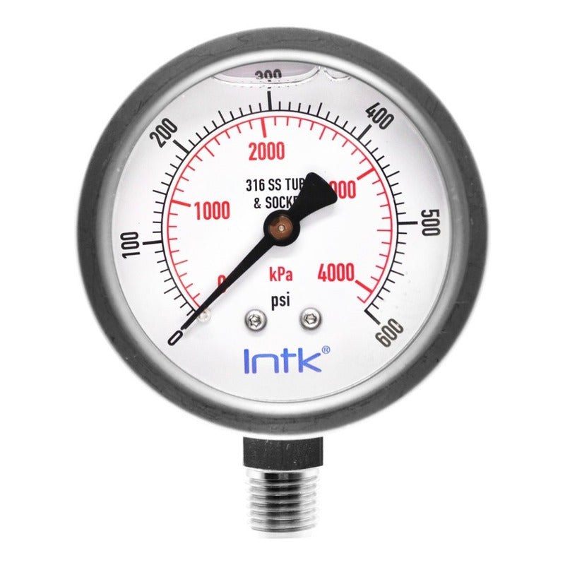 2.5” S.S. Liquid filled (O.E.M.), pressure gauge, 1/4” NPT, bottom connection, 0 to 600 psi-kPa