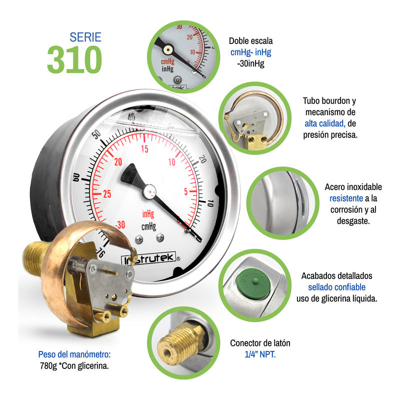 Vacuómetro 4", lleno de líquido (O.E.M.), 1/4" NPT, posterior, 30 Vac inHg-cmHg