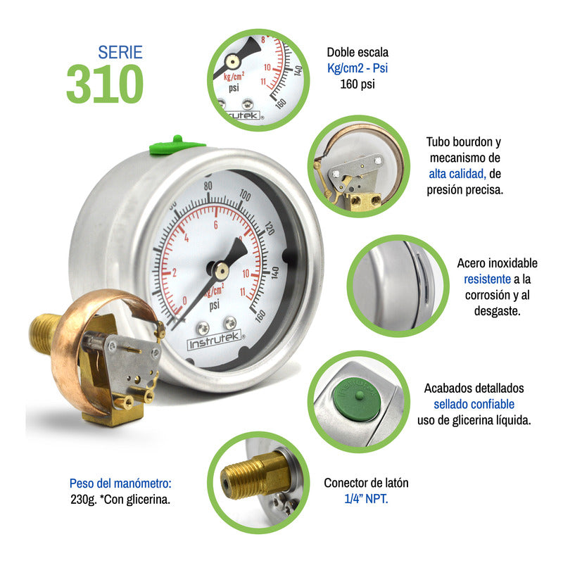Stainless Steel Glycerin Pressure Gauge 2.5 IN, 160 Psi (air, water)
