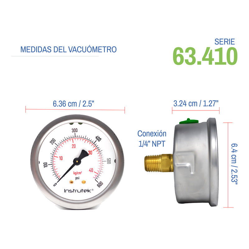 Manómetro Premium Inox Glicerina 2.5 Plg, 600 Psi