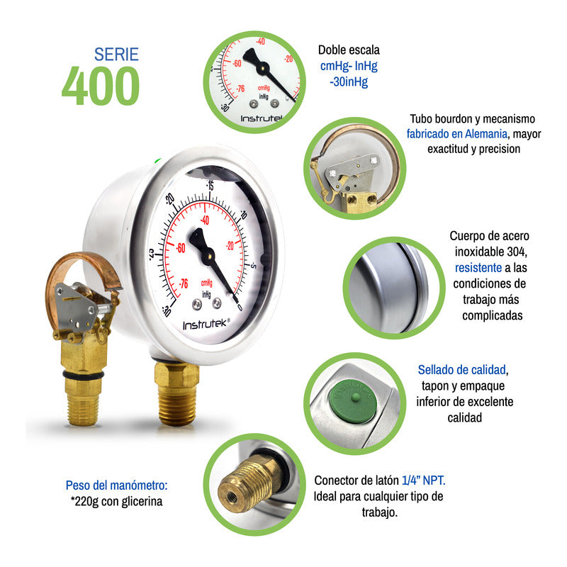 Vacuómetro 2.5", lleno de líquido premium, 1/4" NPT, inferior, 30 Vac inHg-cmHg