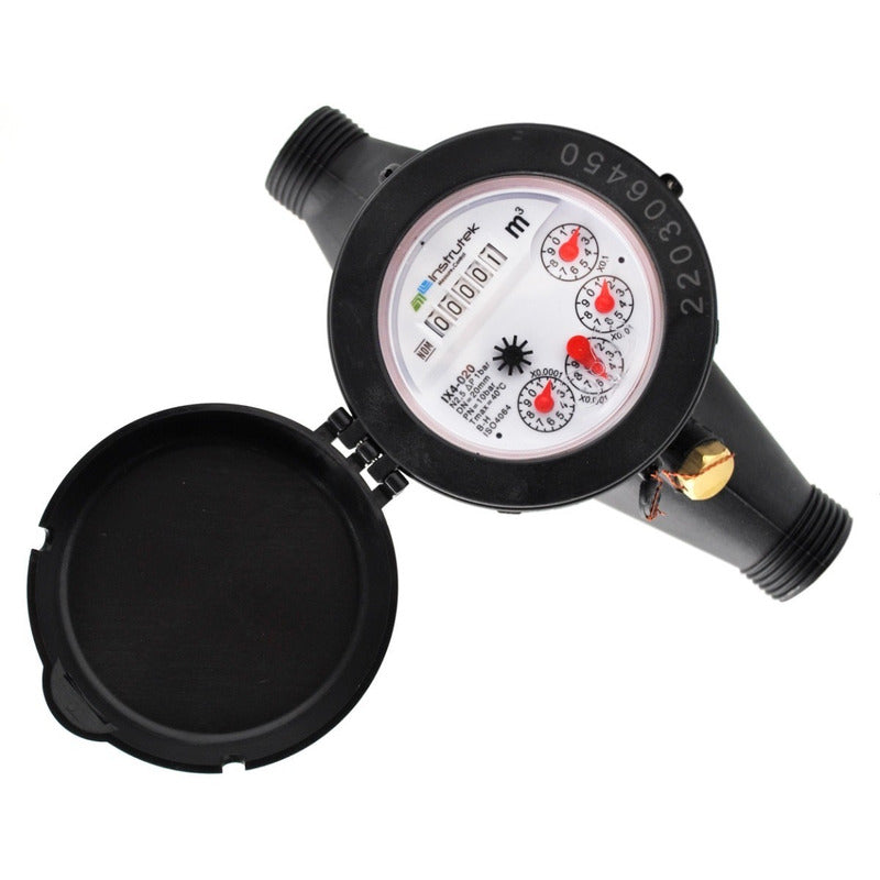 Medidor de agua certificado tipo chorro múltiple, cuerpo de plástico, extremos roscados de 3/4", incluye los conectores de latón.