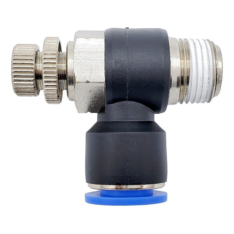Conector / Regulador De Caudal Neumático Codo 3/8 Npt x 12 mm