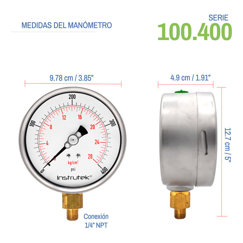 Manómetro 4", lleno de líquido premium, 1/4" NPT, inferior, 400 psi-kg/cm2