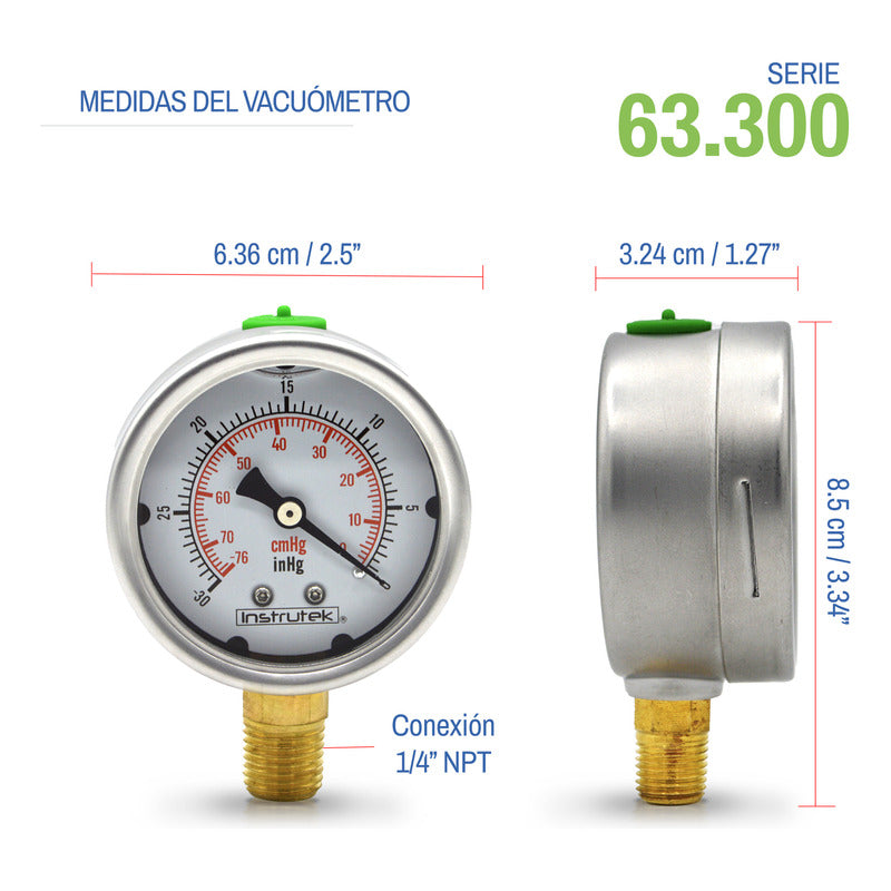 Vacuómetro 2.5", lleno de líquido (O.E.M.), 1/4" NPT, inferior, 30 Vac inHg-cmHg