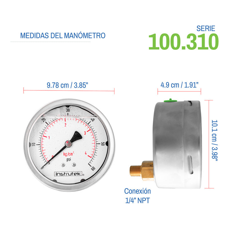 Manómetro 4", lleno de líquido (O.E.M.), 1/4" NPT, posterior, 60 psi-kg/cm2