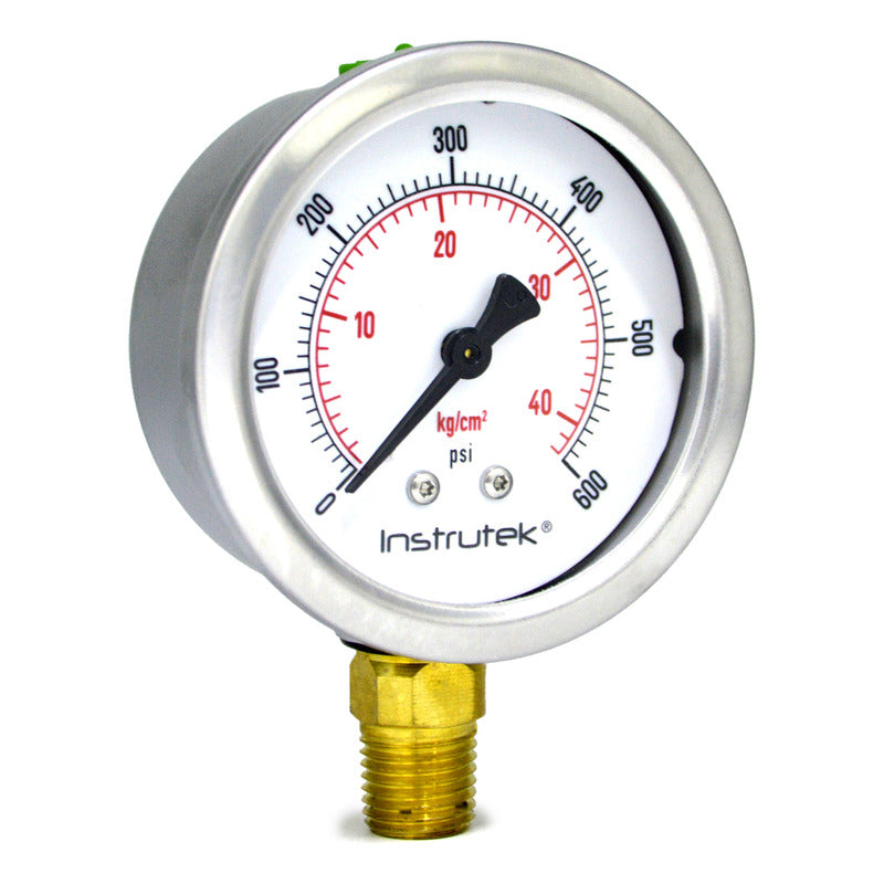 Manómetro 2.5", lleno de líquido premium, 1/4" NPT, inferior, 600 psi-kg/cm2