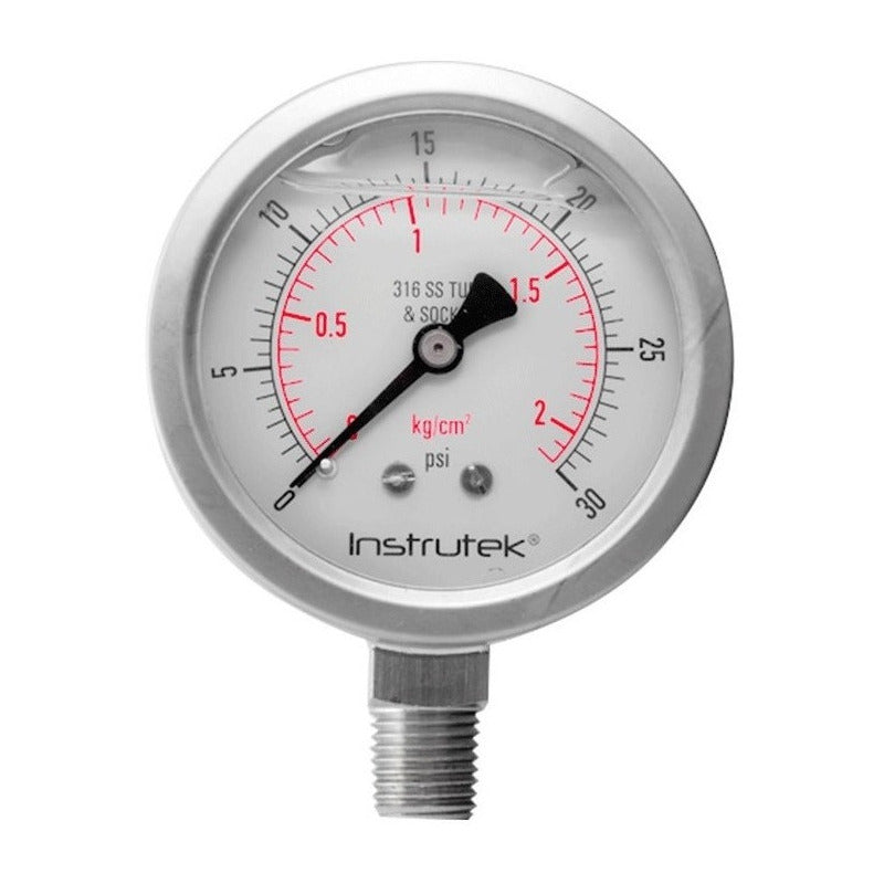 Manómetro 2.5", acero inoxidable, 1/4" NPT, inferior, 30 psi-kg/cm2