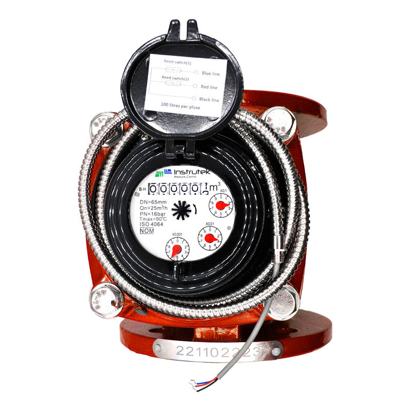 Medidor de agua caliente tipo turbina, cuerpo de hierro fundido con registro hermético y transmisión magnética. Extremos en 2", bridas ANSI.