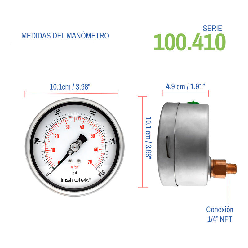 Manómetro 4", lleno de líquido premium, 1/4" NPT, posterior, 1000 psi-kg/cm2