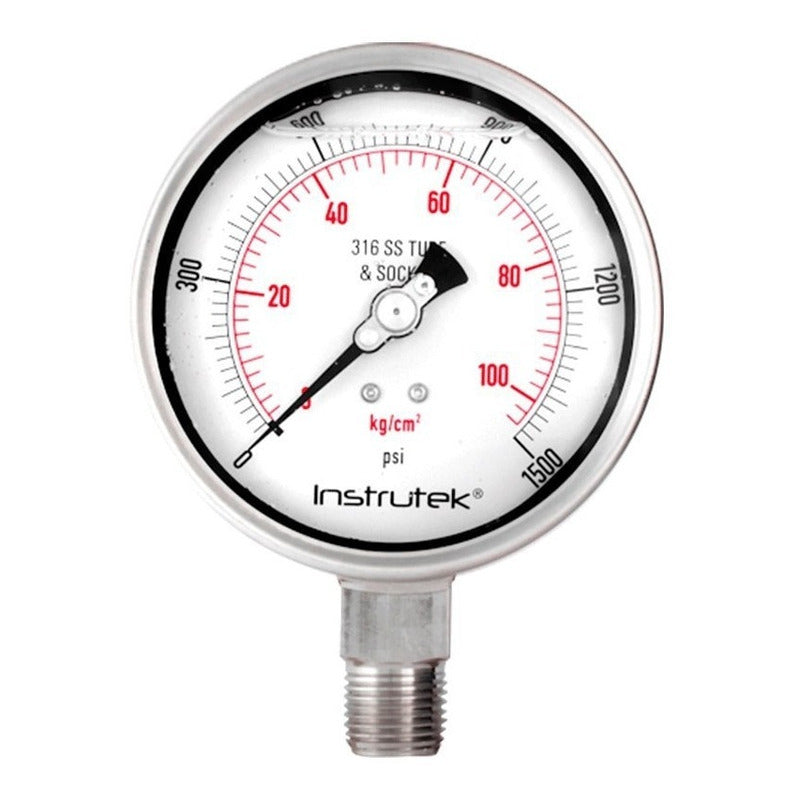 Manómetro 4", acero inoxidable, 1/2" NPT, inferior, 1500 psi-kg/cm2