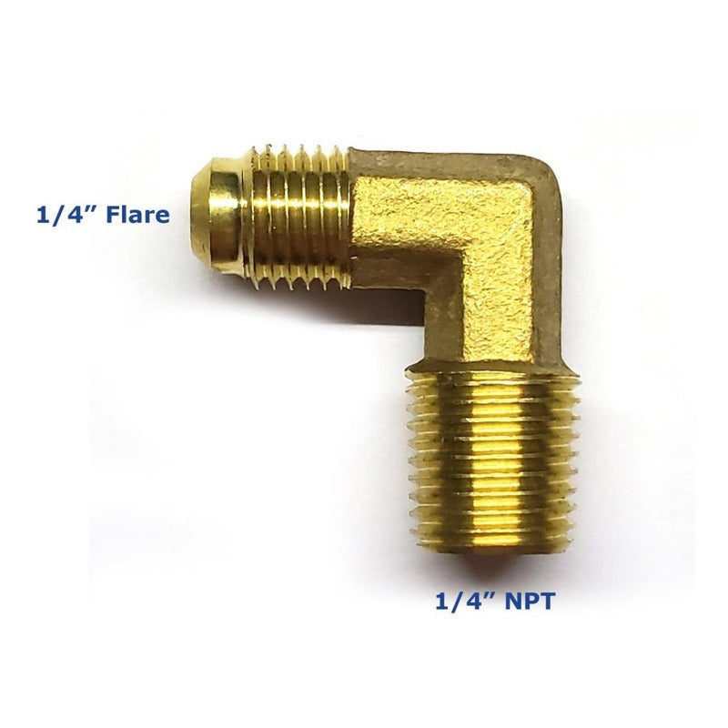 Conector en codo macho 90, fabricado en latón (dorado) de 1/4" NPT x 1/4" flare