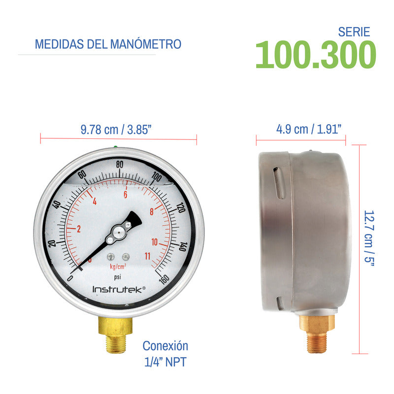 Manómetro 4", lleno de líquido (O.E.M.), 1/4" NPT, inferior, 160 psi-kg/cm2