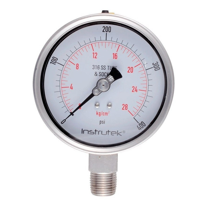 Manómetro 4", acero inoxidable, 1/2" NPT, inferior, 400 psi-kg/cm2